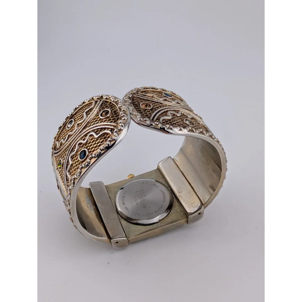 Vivani Rhinestone Cuff Women's Watch Gold Tone Multicolor Gems- New Battery